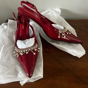 ✨Red Slingback Kitten Heels – Size 8.5/9 – Rhinestone Party Pumps ✨